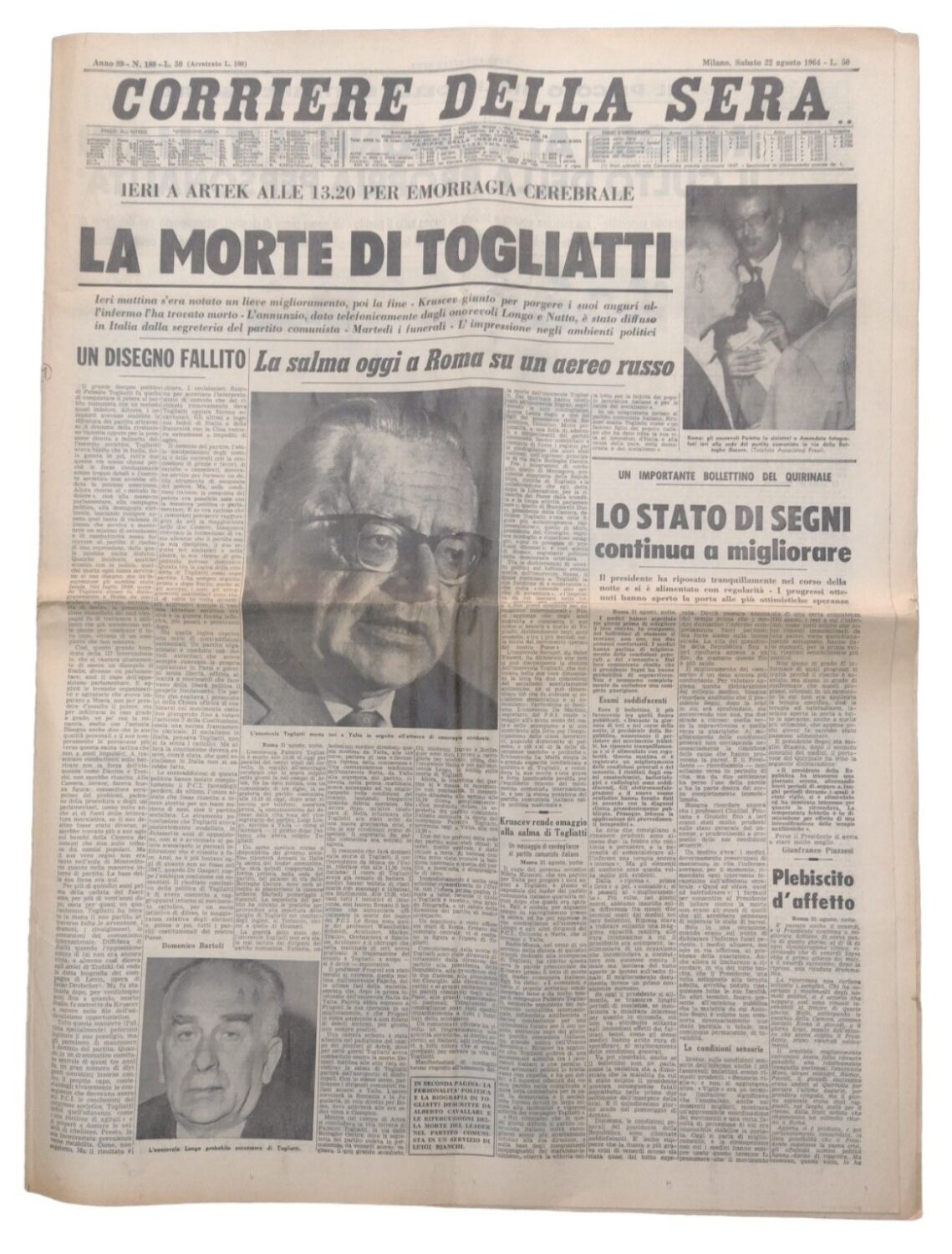 Corriere della Sera n. 189 - 22 agosto 1964 anno 89 - La morte di Togliatti
